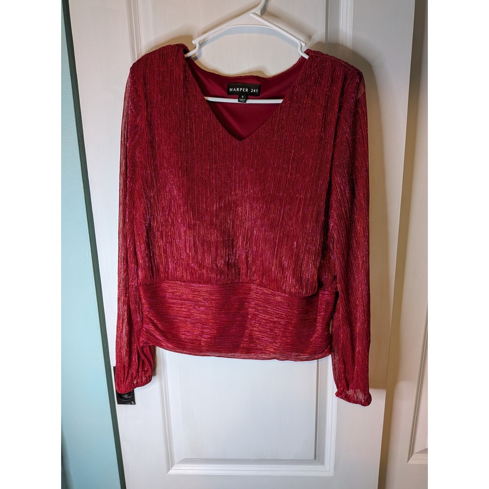Harper 241 Women Metallic Red Plisse V-Neck Blouson Long Sleeve Top Small KT394